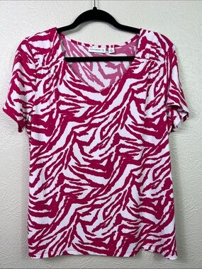 Susan Graver Pink & White Zebra Print Cap Sleeve V-Neck Top Blouse Medium